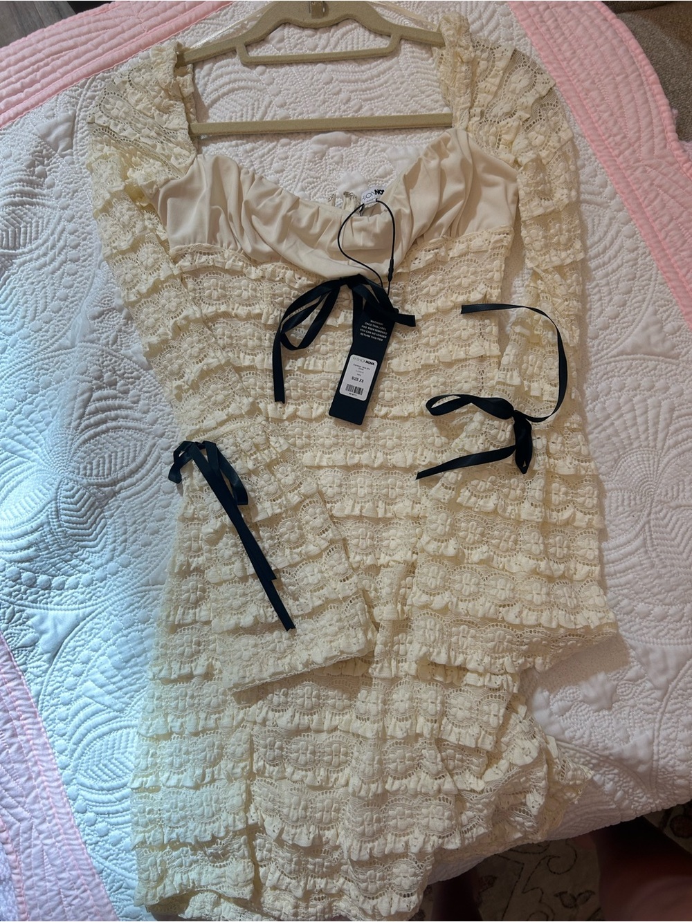 Fashion Nova Cream Lace Mini Dress with Black Ribbon Ties